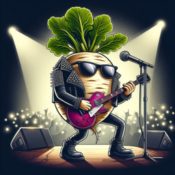 Nabo rockero en el escenario — mascota de Canto del Nabo, software de karaoke